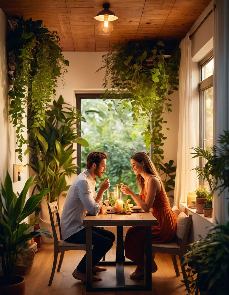 A serene scene of a couple sharing a cozy moment in a softly lit, energy-efficient home, surrounded by green plants and sustainable materials. The atmosphere exudes warmth and connection, symbolizing love and commitment to the environment. The couple is engaged in a romantic dinner, with candles and solar-powered lights creating an intimate ambiance. Illustrate nature merging with modern living in harmony. vibrant colors. super-realistic.