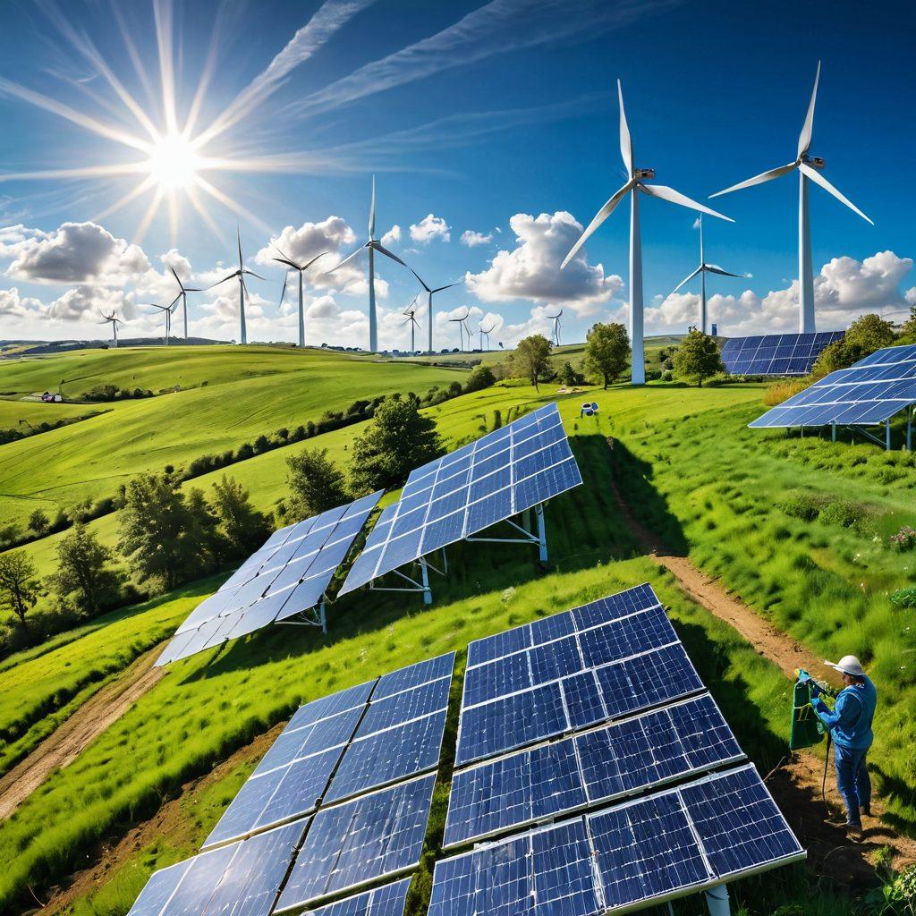 A lush landscape filled with vibrant green fields, wind turbines gracefully spinning, and solar panels glistening under a bright sun. In the foreground, a diverse group of people passionately working together, planting trees and discussing renewable energy ideas. The sky is a vivid blue dotted with fluffy white clouds, symbolizing hope and sustainability. super-realistic. vibrant colors. eco-friendly atmosphere.