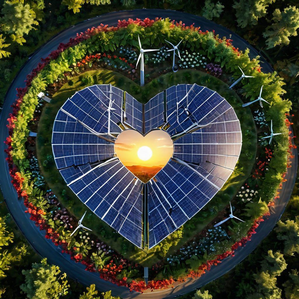 A glowing heart made of solar panels and wind turbines, surrounded by lush greenery and vibrant flowers. In the background, a sunrise symbolizes hope for a sustainable future. Soft light radiates from the heart, casting warm hues on the landscape, showcasing the connection between passion and energy. Emphasize a harmonious blend of nature and renewable energy technology. super-realistic. vibrant colors. warm tones.